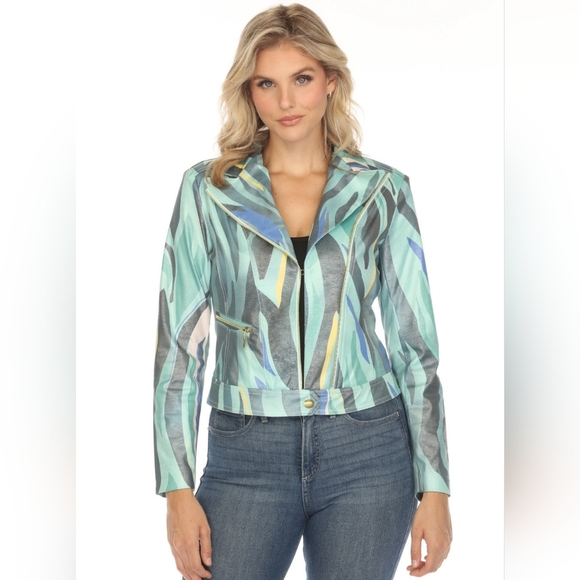 Insight New York Liquid Ocean Waves Vegan Leather Moto Jacket - Picture 1 of 7